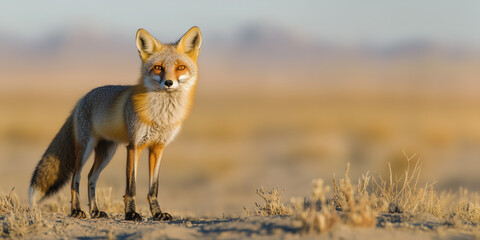 Fototapeta premium Wild fox standing alert in arid landscape at golden hour