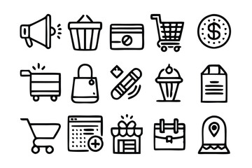 Business and E-commerce Line Icons Set – Minimalist Black and White Icons for Online Shopping, Marketing, Finance, and Corporate Concepts.