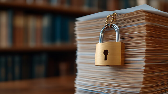 Confidential documents secured with padlock. Important business information, protecting the information, file folder protection.