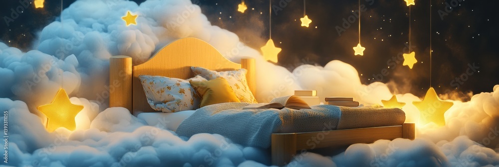 Poster Dreamy bed floating in clouds surrounded by stars and books, creating a serene atmosphere for sleep and imagination at night