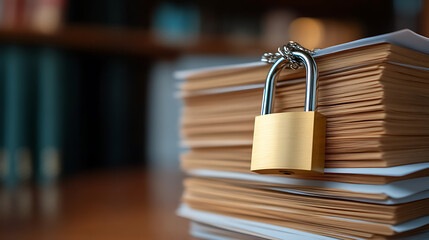 Confidential documents are safeguarded by a metal padlock securing a large pile of paperwork on a wood table. Data safety and security concept.