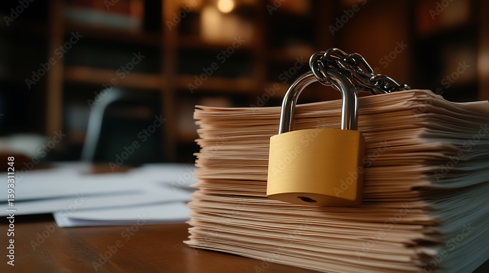 Poster a golden padlock secured by a chain on top of a pile of documents, symbolizing data protection and d
