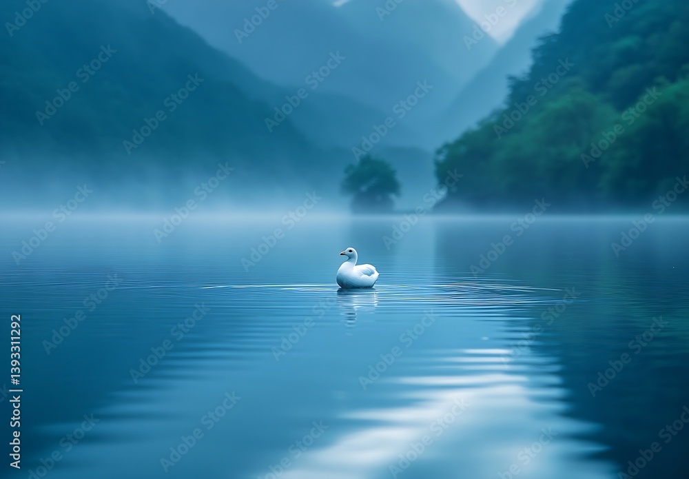 Aufkleber peaceful white duck swimming in misty lake surrounded by mountains tranquil nature scene with duck r