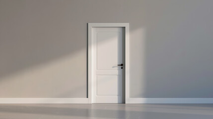 Minimalist interior with a closed white door. Clean lines and neutral tones create a serene, modern aesthetic. Sunlight adds depth and subtle shadows.
