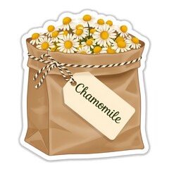 Chamomile flowers in kraft paper bag with herbal label tag