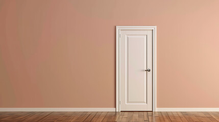 A white door accents a peach-colored wall in a well-lit room, offering a contrast with the warm wooden flooring. Interior architecture at its finest.