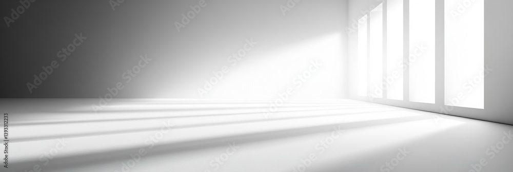 Aufkleber Minimalist White Room with Sunlight Streaming Through Window Abstract Interior Design Empty Space Background Architectural Lighting : Generative AI