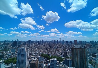 Breathtaking aerial view of a bustling city with stunning skyline and vibrant blue skies : Generative AI