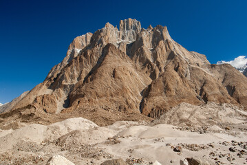 Fototapeta premium Cathedral peak 6247m . Cathedral Peak in the Karakoram range is a rarely climbed peak with low technical difficulty, although it is harder than a trekking peak and has considerable objective danger.