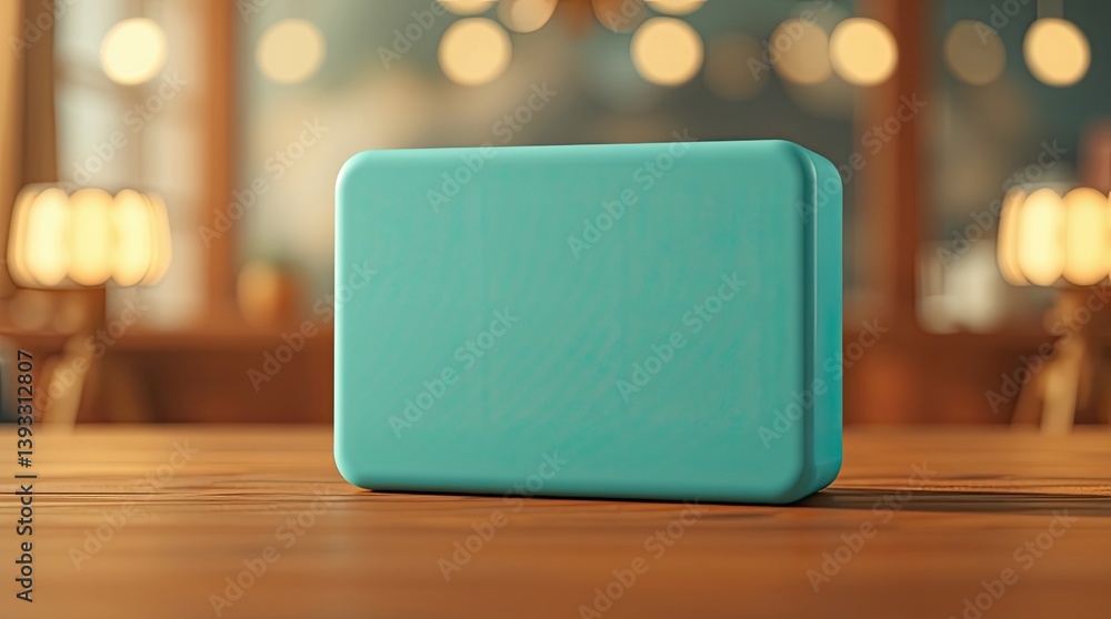 Poster a teal rectangular block is on a wooden surface inside