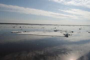 
ice drift on the river in spring in sunny weather