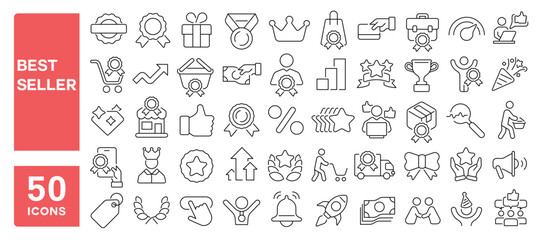 Set of 50 line icons related to best seller, recommended, profits, high quality, popular, customers choice, best choice, sales offer, Editable stroke. Vector illustration
