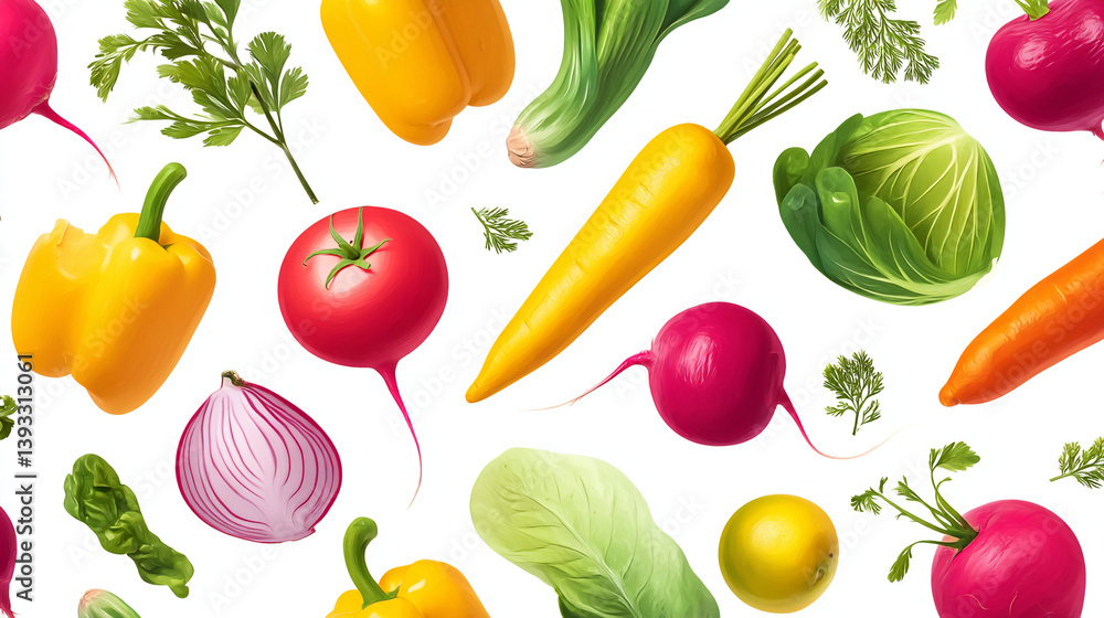 Poster a vibrant assortment of fresh vegetables scattered on a clean white background creating a colorful p