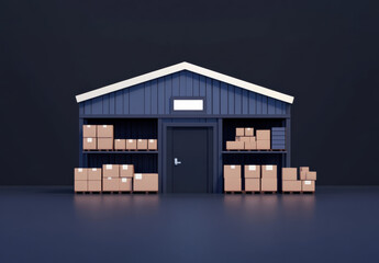 3D warehouse building with cardboard boxes and parcel storage