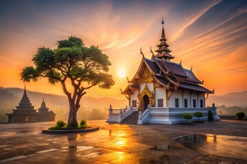 Obraz premium Serene Dawn at a Northern Thai Temple Minimalist Beauty in Chiang Mai