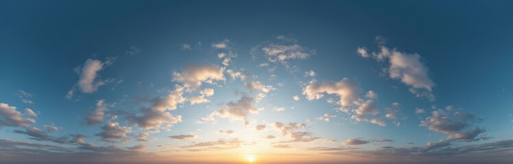 Obraz premium Panoramic dark blue sunset sky with cirrus clouds. Seamless spherical panorama, ideal for 3D visualization, game. Sky replacement background for drone 360 panoramas.