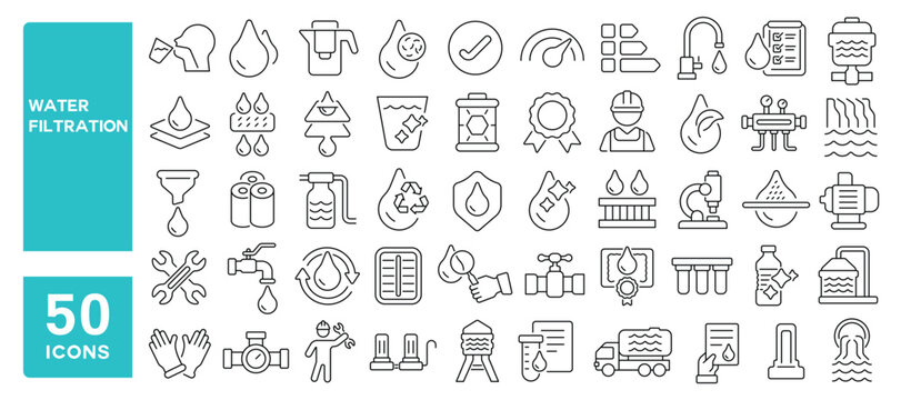 Set of 50 line icons related to water filtration, pure water, hygiene, filter, purifier, faucet, tank, treatment, clean, purification, Editable stroke. Vector illustration