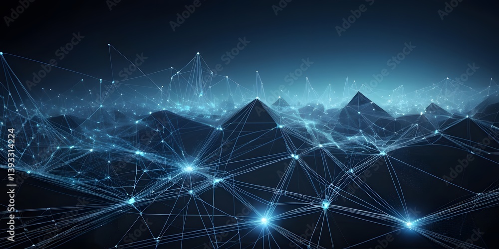 Aufkleber Abstract Blue Network, Interconnected Nodes Create A Digital Landscape. Vibrant Technology Design With Glowing Dots, Suggesting Data Flow And Communication. Virtual Environment Evokes Modern Concepts.