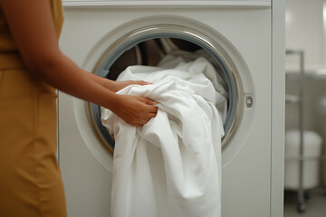 Loading laundry into a front-load washing machine. A person wearing a golden dress fills the machine with a load of fresh, white clothes.
