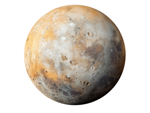 Ultra-realistic representation of Mercury reveals its surface alongside its unique colors and textures against a transparent background, highlighting its geological features and atmosphere.