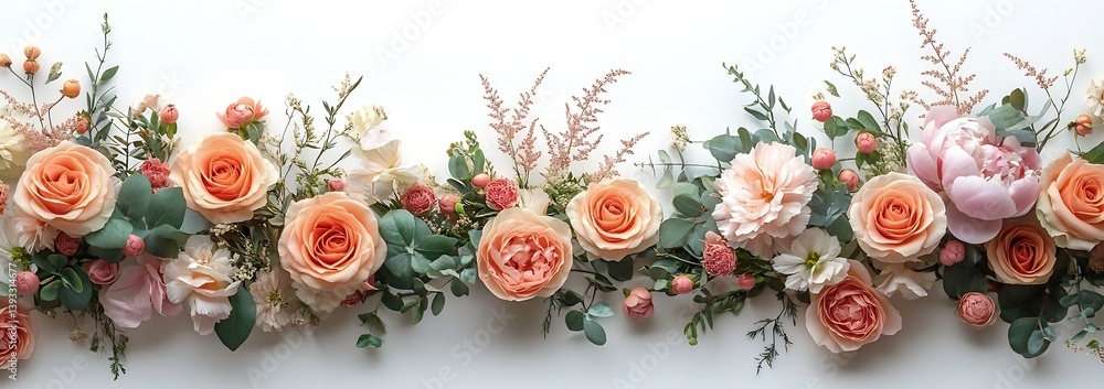 Poster elegant floral arrangement with peach roses and greenery on white background for wedding or event de