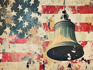 A detailed collage showcases an antique bell suspended against a distressed American flag. Vivid colors and dynamic textures highlight themes of patriotism and freedom.