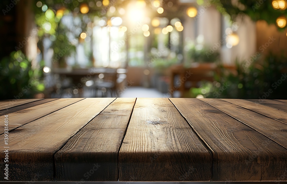 Poster Rustic Wood Table in a Cozy Cafe with Bokeh Lights A Warm and Inviting Setting for Food and Drink Photography : Generative AI
