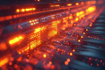 Obraz premium Abstract glowing orange lights on dark background suggest technology or data flow.