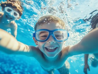 Naklejka premium A young boy smiles joyfully while submerged in a clear blue pool, wearing swimming goggles. Bubbles surround him, and friends are visible in the background, fostering a fun summer atmosphere.