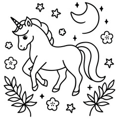 Hand drawn unicorn coloring book illustration
