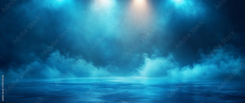Poster misty blue stage background with water and fog perfect for events concerts and atmospheric presentat