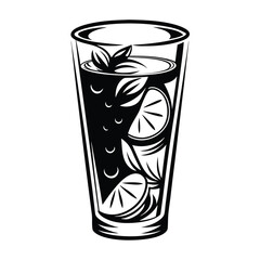 Monochrome Glass with Refreshing Drink, Lemon Slices, and Mint Leaves