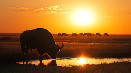 A cape buffalo drinks at a watering hole as the sun sets, casting a warm glow over the African savanna and silhouetting a herd in the distance.  The golden light creates a peaceful scene.