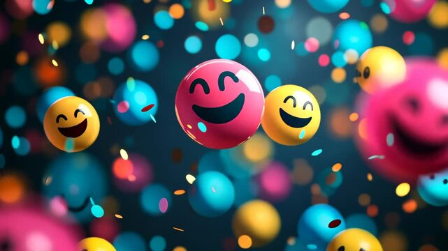 Multicolored smileys on blue background, many colored balloons with smiling faces. Social media and communication background concept