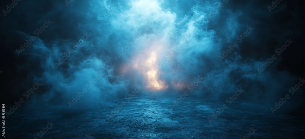 Poster dramatic blue mist background with golden light effect ideal for stage theater or digital design bac