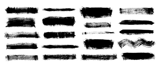 Set of hand-drawn acrylic dry brush strokes of paint on corrugated rough granulated paper with pronounced mesh texture. Vector stripes, lines, waves, spots with sweeping dynamics.