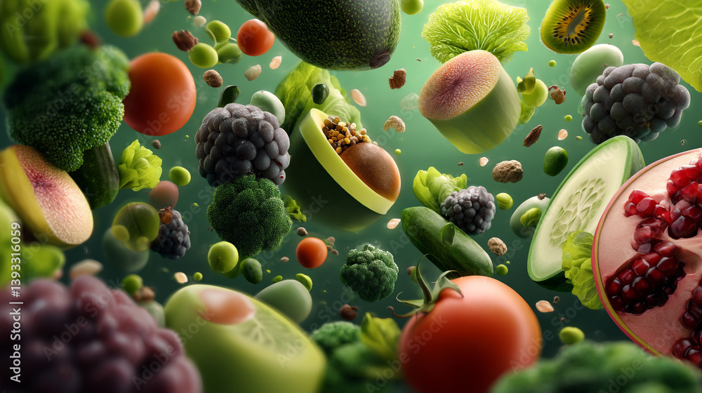 Poster a vibrant display of fresh fruits and vegetables floating against a green backdrop creating a health