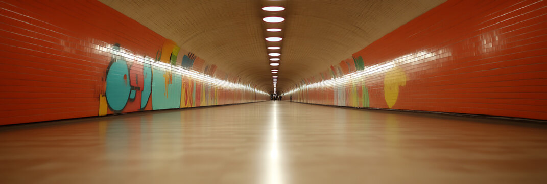 Long tunnel with colorful graffiti art along the walls and a row of lights extending into the distance, creating a sense of depth and perspective.