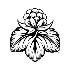 Black and White IllustrationStylized Raspberry Fruit with Leaves Outline