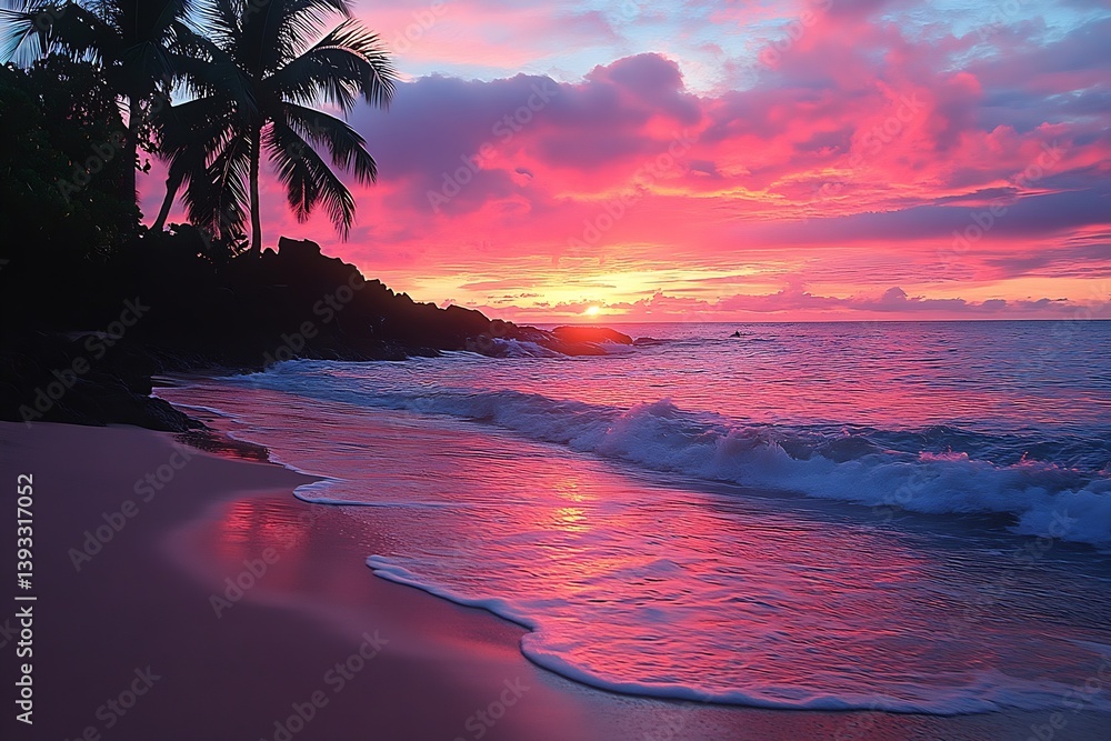 Poster pink sunset beach scene with palm trees and gentle waves tropical paradise coastal serenity : genera