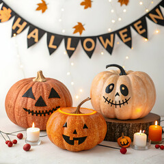 Various pumpkins on studio background