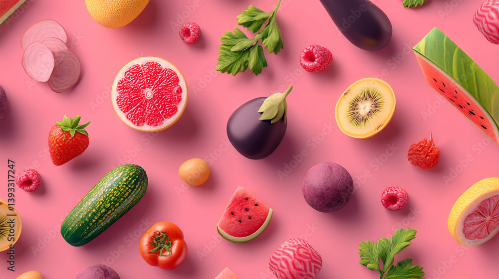 Poster flat lay of assorted fruits and vegetables on a pink background creating a vibrant and healthy displ