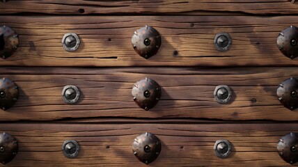 Decorative wooden door with metallic studs in an ancient architecture style