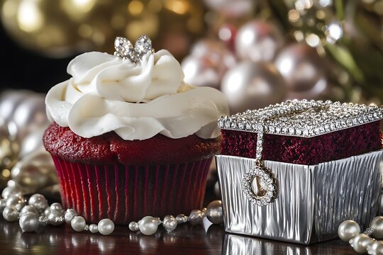 Festive Mother's Day setting with a sparkling jewelry box gift and a red velvet cupcake on a celebratory table. - Powered by Adobe
