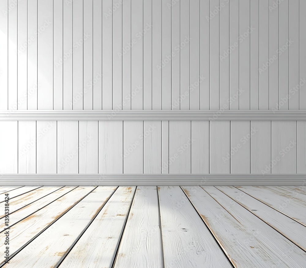 Poster empty white room with wood paneling and floor interior design minimalist space background for produc