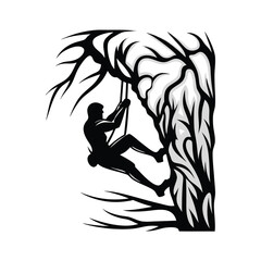 Black Silhouette of Man Rock Climbing on a Cliff with Ropes and Trees