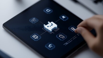 Obraz premium A professional pointing to AI ethics icons on a transparent screen, with symbols for balance, accountability, and responsible innovation