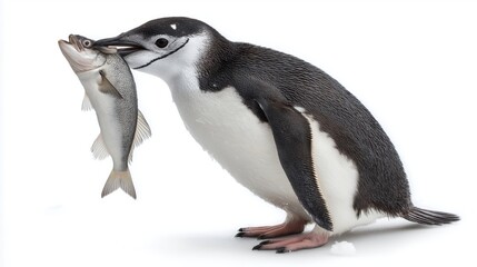 Naklejka premium A penguin is holding a fish in its beak. The fish is small and white. The penguin is standing on a white background