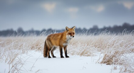 Fototapeta premium Red Fox in Winter Wonderland - A lone red fox stands in a snowy field, winter grasses frosted, under a cloudy sky. Beautiful wildlife