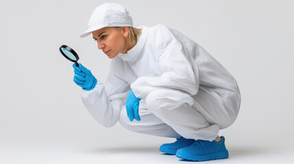 Naklejka premium A woman in a white lab coat is crouching down and looking through a magnifying glass. She is wearing blue gloves and a white hat. Concept of curiosity and scientific investigation
